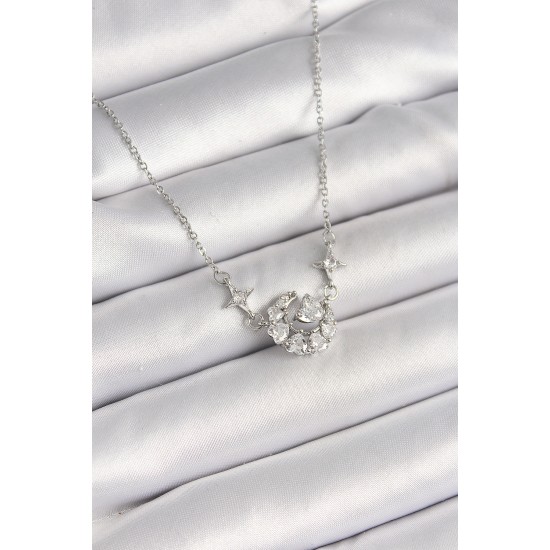 316L Çelik Gümüş Renk Zirkon Taşlı Hilal Kalp Model Kadın Kolye - TJ-BKO9929