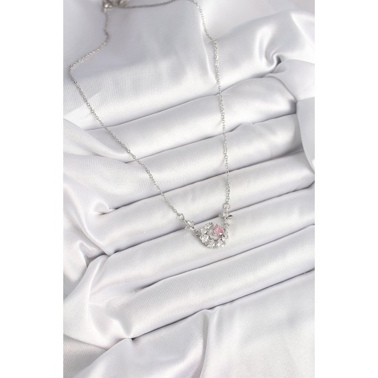 316L Çelik Gümüş Renk Zirkon Taşlı Hilal Pembe Kalp Model Kadın Kolye - TJ-BKO9930