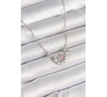 316L Çelik Gümüş Renk Zirkon Taşlı Hilal Pembe Kalp Model Kadın Kolye - TJ-BKO9930