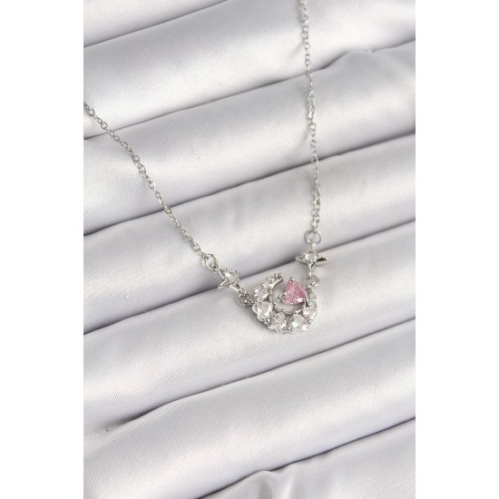 316L Çelik Gümüş Renk Zirkon Taşlı Hilal Pembe Kalp Model Kadın Kolye - TJ-BKO9930