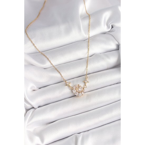 316L Çelik Gold Renk Zirkon Taşlı Hilal Kalp Model Kadın Kolye - TJ-BKO9931