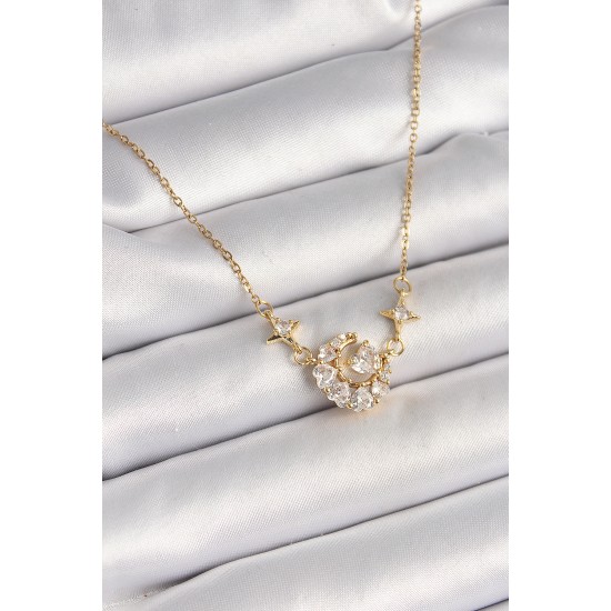 316L Çelik Gold Renk Zirkon Taşlı Hilal Kalp Model Kadın Kolye - TJ-BKO9931