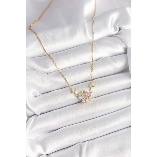 316L Çelik Gold Renk Zirkon Taşlı Hilal Pembe Kalp Model Kadın Kolye - TJ-BKO9932