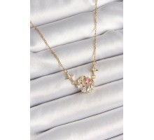 316L Çelik Gold Renk Zirkon Taşlı Hilal Pembe Kalp Model Kadın Kolye - TJ-BKO9932