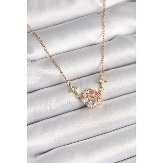 316L Çelik Gold Renk Zirkon Taşlı Hilal Pembe Kalp Model Kadın Kolye - TJ-BKO9932