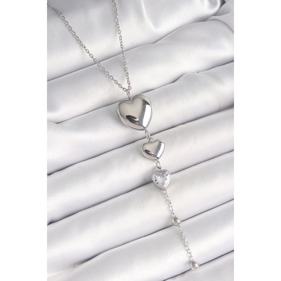 316L Çelik Gümüş Renk Sallantı Kalp Model Zirkon Taş Detay Kadın Kolye - TJ-BKO9933