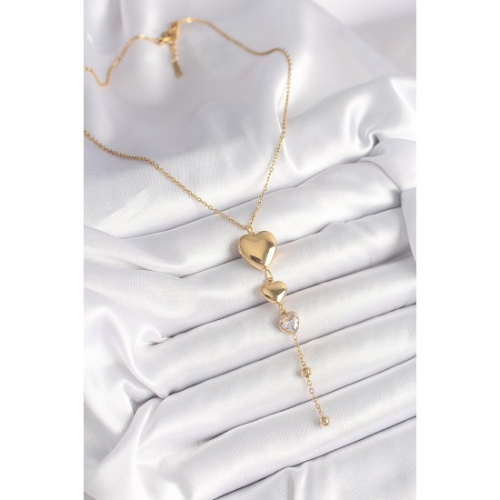 316L Çelik Gold Renk Sallantı Kalp Model Zirkon Taş Detaylı Kadın Kolye - TJ-BKO9934