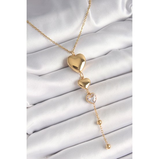 316L Çelik Gold Renk Sallantı Kalp Model Zirkon Taş Detaylı Kadın Kolye - TJ-BKO9934
