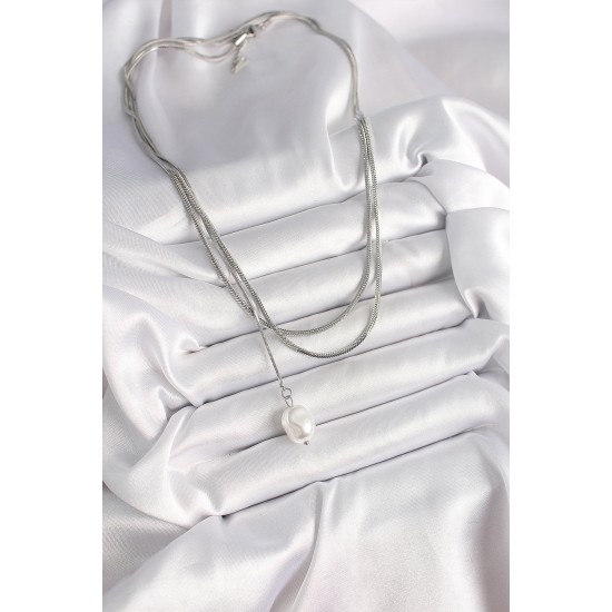 316L Çelik Gümüş Renk İtalyan Zincir Model Sallantı İnci Figür Kadın Kolye - TJ-BKO9935