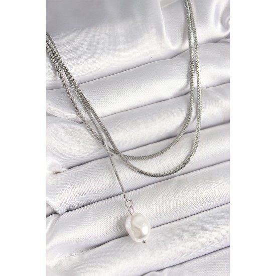 316L Çelik Gümüş Renk İtalyan Zincir Model Sallantı İnci Figür Kadın Kolye - TJ-BKO9935