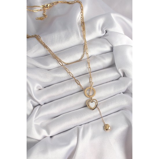 316L Çelik Gold Renk 2'Li Zincir Model Sallantı Detay Kadın Kolye - TJ-BKO9936