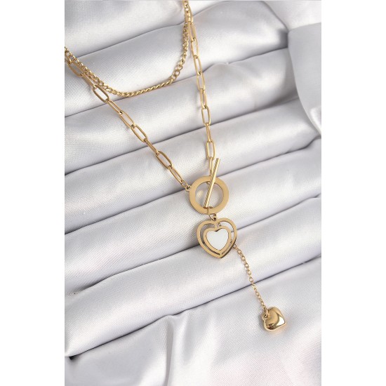316L Çelik Gold Renk 2'Li Zincir Model Sallantı Detay Kadın Kolye - TJ-BKO9936