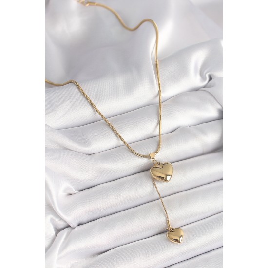 316L Çelik Gold Renk Tüp Zincir Model 3D Sallantı Kalp Model Kadın Kolye - TJ-BKO9937