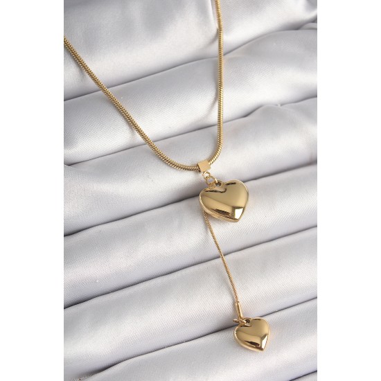 316L Çelik Gold Renk Tüp Zincir Model 3D Sallantı Kalp Model Kadın Kolye - TJ-BKO9937