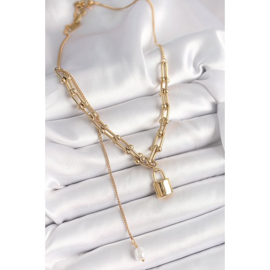 316L Çelik Gold Renk Tiffany Zincir Model Kilit Figür Sallantı İnci Detay Kadın Kolye - TJ-BKO9938