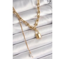 316L Çelik Gold Renk Tiffany Zincir Model Kilit Figür Sallantı İnci Detay Kadın Kolye - TJ-BKO9938