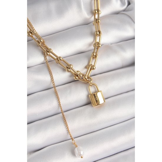 316L Çelik Gold Renk Tiffany Zincir Model Kilit Figür Sallantı İnci Detay Kadın Kolye - TJ-BKO9938