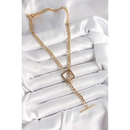 316L Çelik Gold Renk Zincir Model Kare Figür Kadın Kolye - TJ-BKO9939