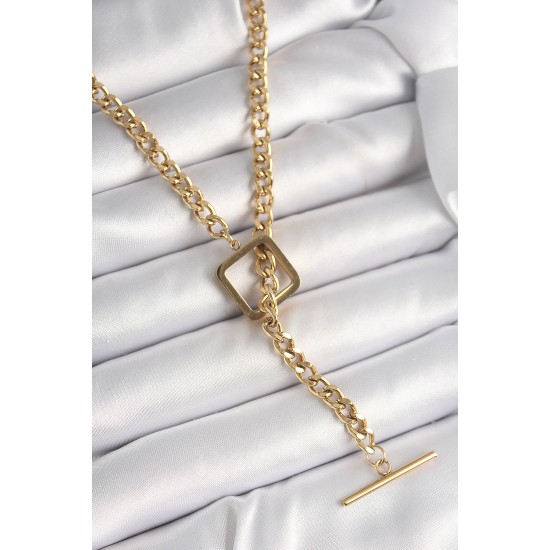 316L Çelik Gold Renk Zincir Model Kare Figür Kadın Kolye - TJ-BKO9939
