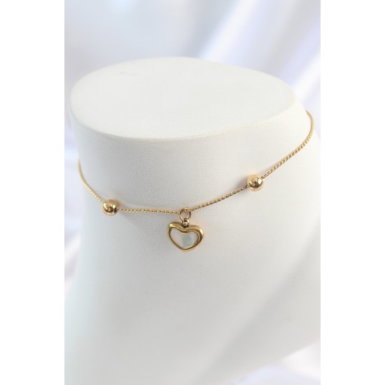 316L Çelik Gold Renk Sallantı Mineli Kalp Figür Topçuk Detay Kadın Halhal - TJ-HH1649