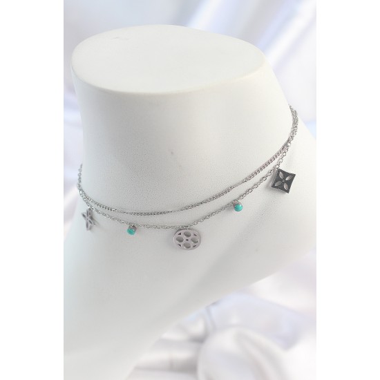 316L Çelik Gümüş Renk 2'Li Zincir Rüya Kapanı Figür Mavi Taş Detay Kadın Halhal - TJ-HH1650