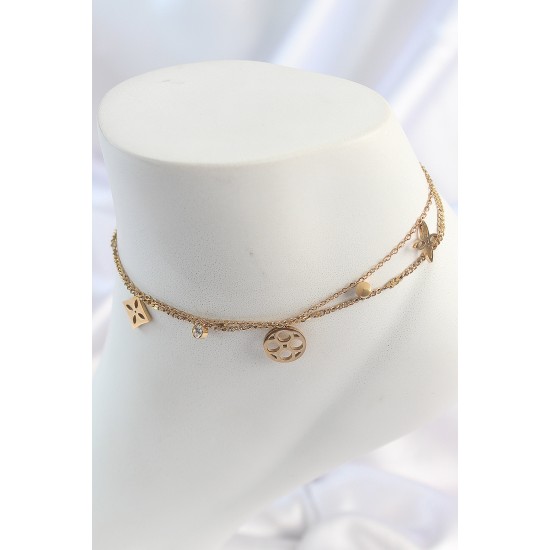 316L Çelik Gold Renk 2'Li Zincir Rüya Kapnı Figür Zirkon Taş Detay Kadın Halhal - TJ-HH1651