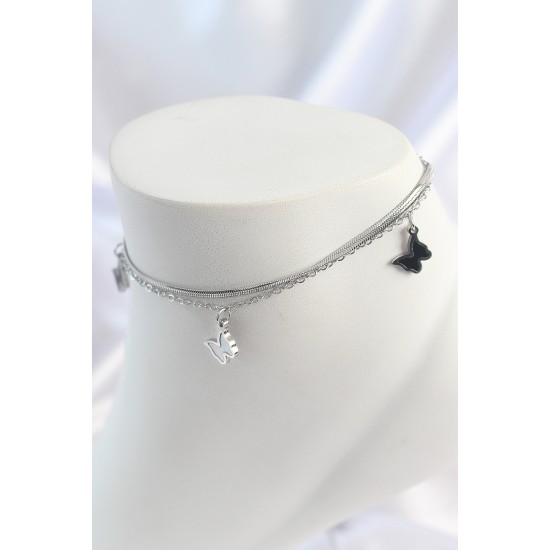 316L Çelik Gümüş Renk 2'Li İtalyan Zincir Model Sallantı Kelebek Figür Kadın Halhal - TJ-HH1652