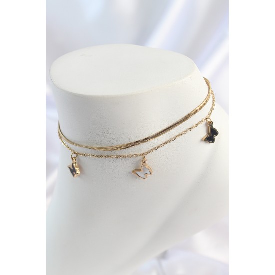 316L Çelik Gold Renk 2'Li İalyan Zincir Model Sallantı Kelebek Model Kadın Halhal - TJ-HH1653