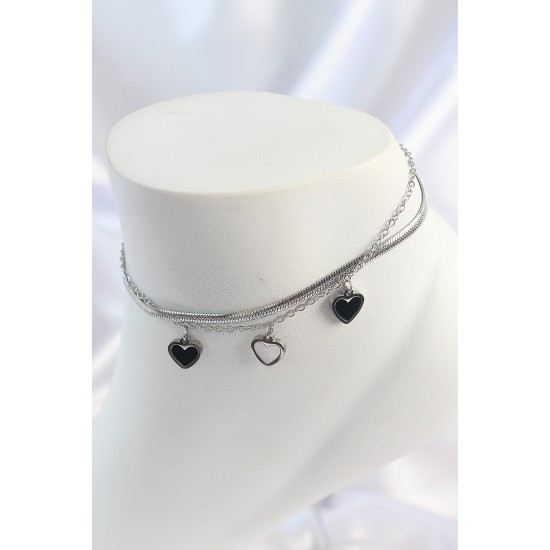 316L Çelik Gümüş Renk 2'Li İtalyan Zincir Model Sallantı Kalp Model Kadın Halhal - TJ-HH1654