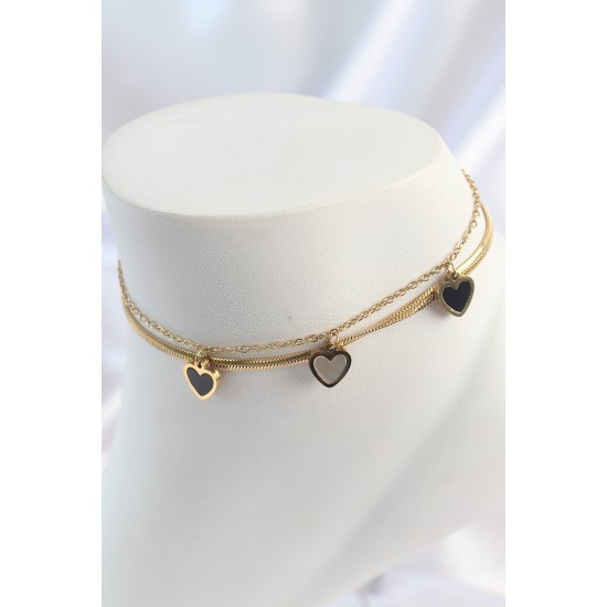 316L Çelik Gold Renk 2'Li İtalyan Zincir Model Sallantı Kalp Figür Kadın Halhal - TJ-HH1655