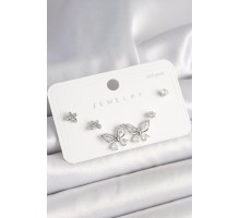 925 Ayar Gümüş Çivi Pirinç Gümüş Renk Zirkon Taşlı Kelebek Model Kadın Küpe Seti - TJ-BKP10394