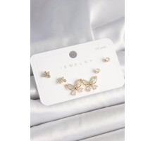925 Ayar Çivi Gümüş Pirinç Gold Renk Zirkon Taşlı Kelebek Model Kadın Küpe Seti - TJ-BKP10395