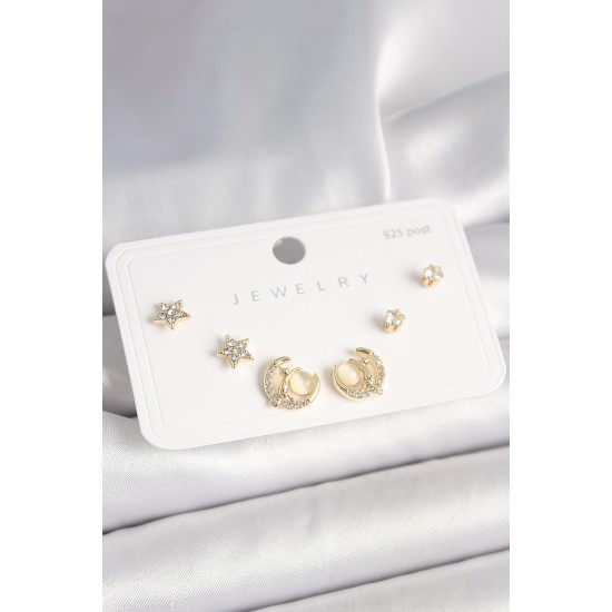 925 Ayar Gümüş Çivi Zirkon Taşlı Hilal Yıldız Model Kadın Küpe Seti - TJ-BKP10399