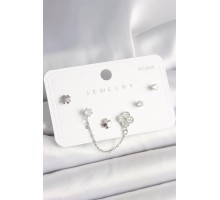 925 Ayar Gümüş Çivi Pirinç Gümüş Renk Zirkon Taşlı Yonca Model Sallantı Zincir Detay Kadın Küpe Seti - TJ-BKP10400