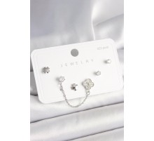 925 Ayar Gümüş Çivi Pirinç Gümüş Renk Zirkon Taşlı Yonca Model Sallantı Zincir Detay Kadın Küpe Seti - TJ-BKP10400