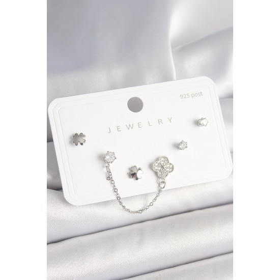 925 Ayar Gümüş Çivi Pirinç Gümüş Renk Zirkon Taşlı Yonca Model Sallantı Zincir Detay Kadın Küpe Seti - TJ-BKP10400