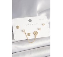 925 Ayar Gümüş Çivi Pirinç Gold Renk Zirkon Taşlı Yonca Model Sallantı Zincir Detay Kadın Küpe Seti - TJ-BKP10401