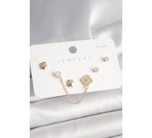 925 Ayar Gümüş Çivi Pirinç Gold Renk Zirkon Taşlı Yonca Model Sallantı Zincir Detay Kadın Küpe Seti - TJ-BKP10401