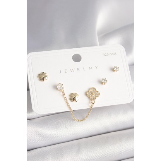 925 Ayar Gümüş Çivi Pirinç Gold Renk Zirkon Taşlı Yonca Model Sallantı Zincir Detay Kadın Küpe Seti - TJ-BKP10401