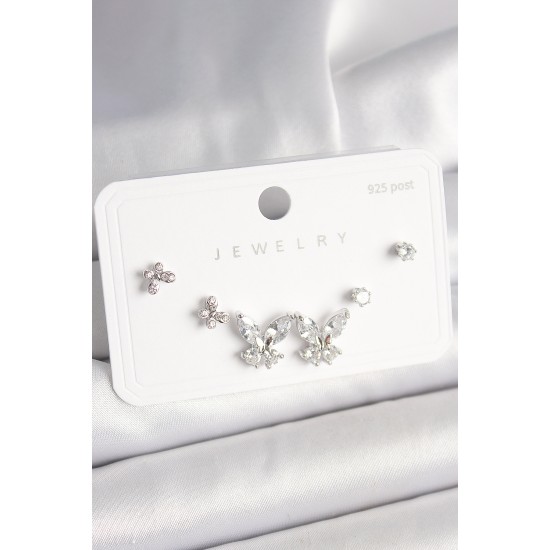 925 Ayar Gümüş Çivi Pirinç Zirkon Taşlı Kelebek Model Kadın Küpe Seti - TJ-BKP10402