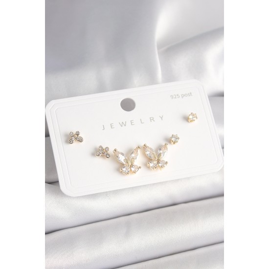 925 Ayar Gümüş Çivi Pirinç Gold Renk Zirkon Taşlı Kelebek Model Kadın Küpe Seti - TJ-BKP10403