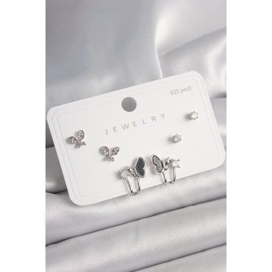 925 Ayar Gümüş Çivi Pirinç Gümüş Renk Zirkon Taşlı Kelebek Model Kadın Küpe Seti - TJ-BKP10404