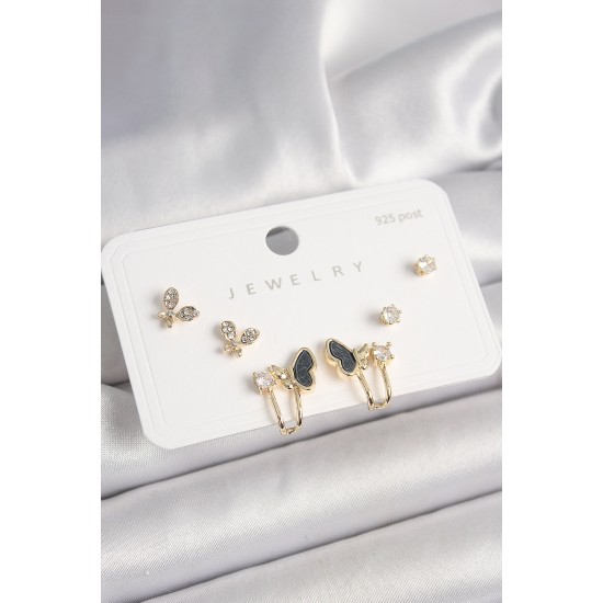 925 Ayar Gümüş Çivi Pirinç Zirkon Taşlı Kelebek Model Kadın Küpe Seti - TJ-BKP10405