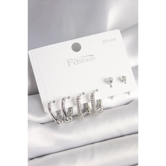 925 Ayar Gümüş Çivi Pirinç Gümüş Renk Zirkon Taşlı Tiffany Halka Model Kadın Küpe Seti - TJ-BKP10406