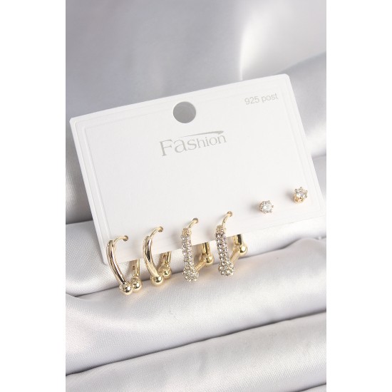 925 Ayar Gümüş Çivi Pirinç Gold Renk Tiffany Halka Model Kadın Küpe Seti - TJ-BKP10407