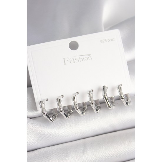 925 Ayar Gümüş Çivi Pirinç Gümüş Renk Bambu Halka Model Kadın Küpe Seti - TJ-BKP10408