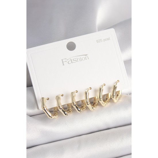 925 Ayar Gümüş Çivi Pirinç Gold Renk Bambu Halka Model Kadın Küpe Seti - TJ-BKP10409