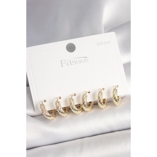 925 Ayar Gümüş Çivi Pirinç Gold Renk İşlemeli Halka Model Kadın Küpe Seti - TJ-BKP10411