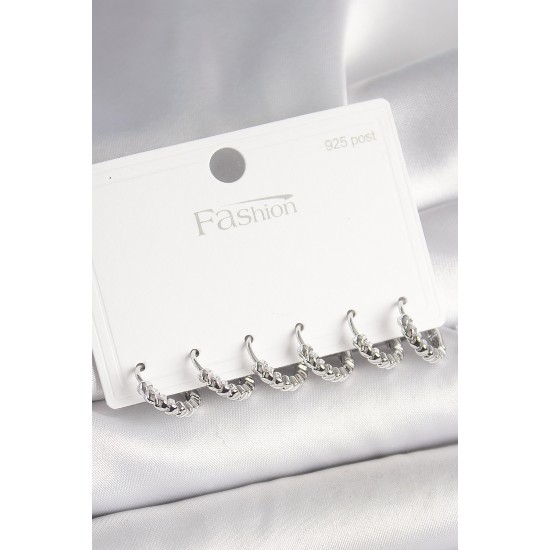 925 Ayar Gümüş Çivi Pirinç Gümüş Renk Kalp İşlemeli Halka Model Kadın Küpe Seti - TJ-BKP10412