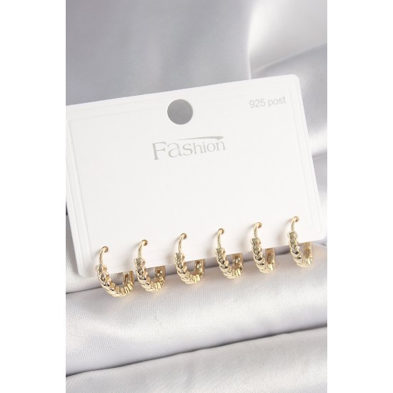 925 Ayar Gümüş Çivi Pirinç Gold Renk Kalp İşlemeli Halka Model Kadın Küpe Seti - TJ-BKP10413